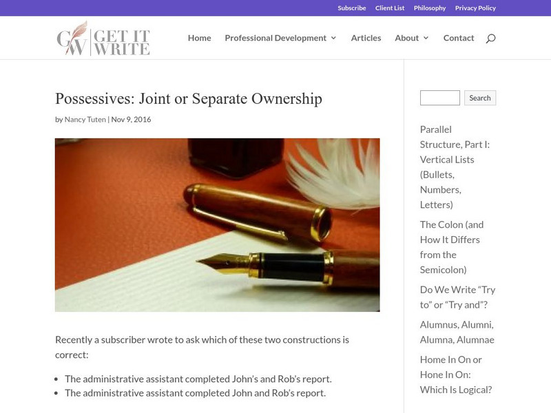Get It Write: Possessives: The Issue of Ownership Unit Plan Get It Write: Possessives: The Issue of Ownership Unit Plan