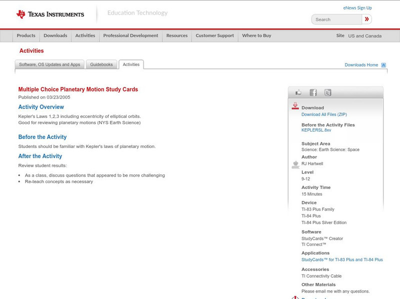 Texas Instruments: Multiple Choice Planetary Motion Study Cards Activity