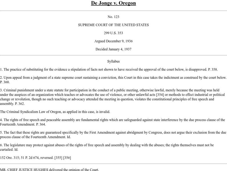 Freedom of Speech in the United States: De Jonge v. Oregon Primary 