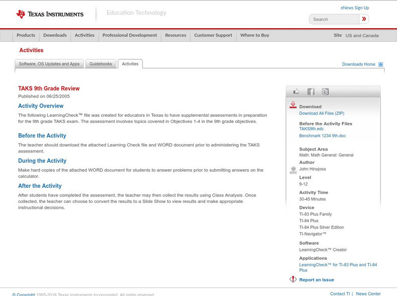 Texas Instruments: Taks 9th Grade Review Activity Texas Instruments: Taks 9th Grade Review Activity