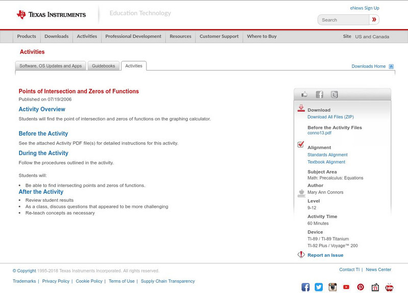 Texas Instruments: Points of Intersection and Zeros of Functions Activity Texas Instruments: Points of Intersection and Zeros of Functions Activity