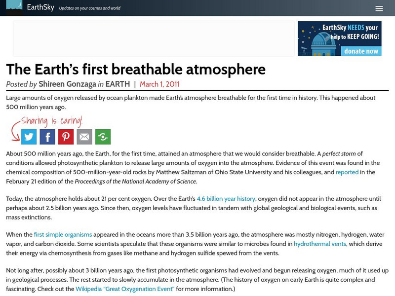 Earth Sky: The Earth's First Breathable Atmosphere Article Earth Sky: The Earth's First Breathable Atmosphere Article