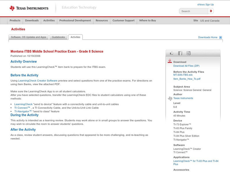 Texas Instruments: Montana Itbs Middle School Practice Exam Grade 8 Science Activity