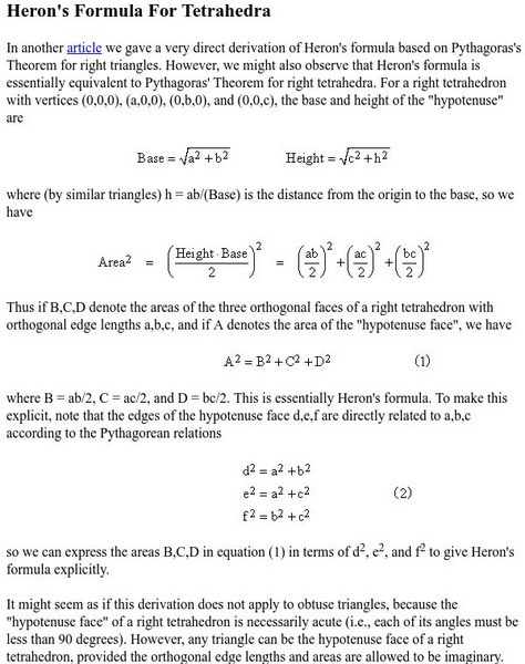 Math Pages: Heron's Formula for Tetrahedra Article