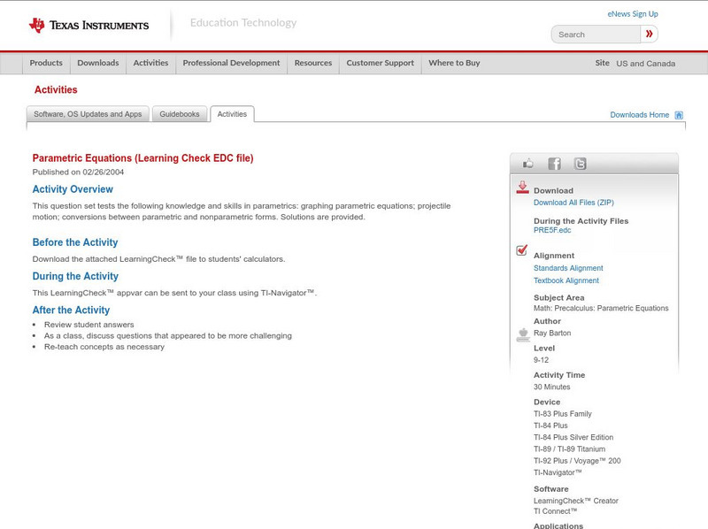 Texas Instruments: Parametric Equations Activity Texas Instruments: Parametric Equations Activity