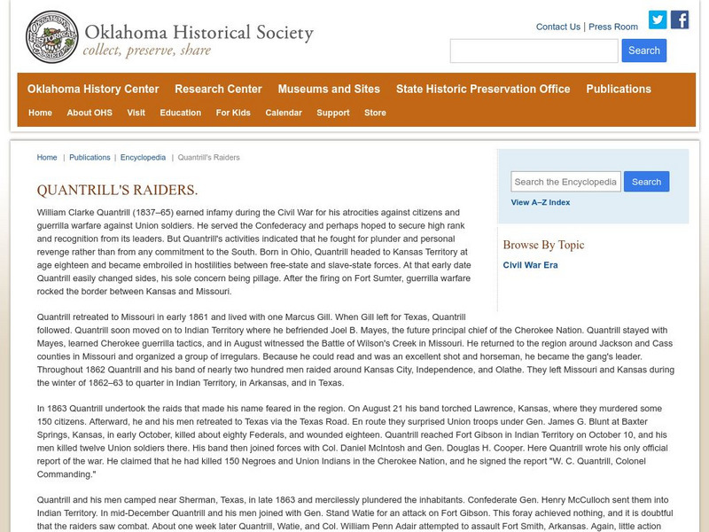 Encyclopedia of Oklahoma History and Culture: Quantrill's Raiders Handout