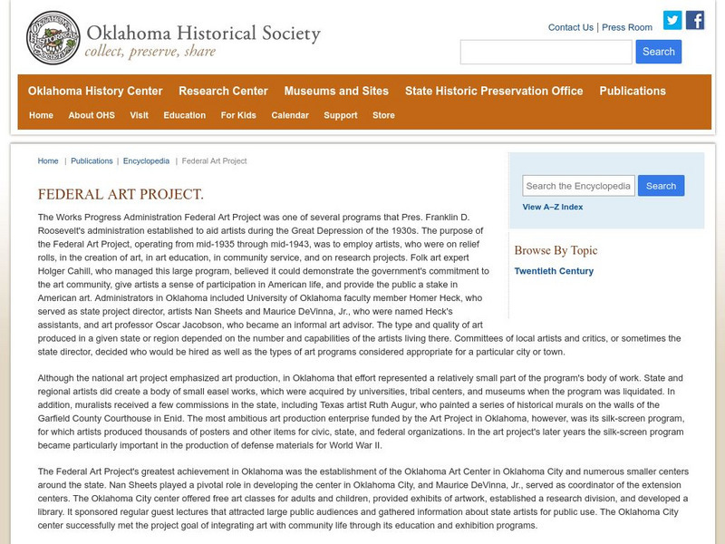 Encyclopedia of Oklahoma: Federal Art Project Handout Encyclopedia of Oklahoma: Federal Art Project Handout