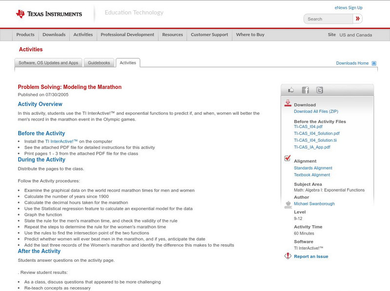 Texas Instruments: Problem Solving: Modeling the Marathon Activity Texas Instruments: Problem Solving: Modeling the Marathon Activity