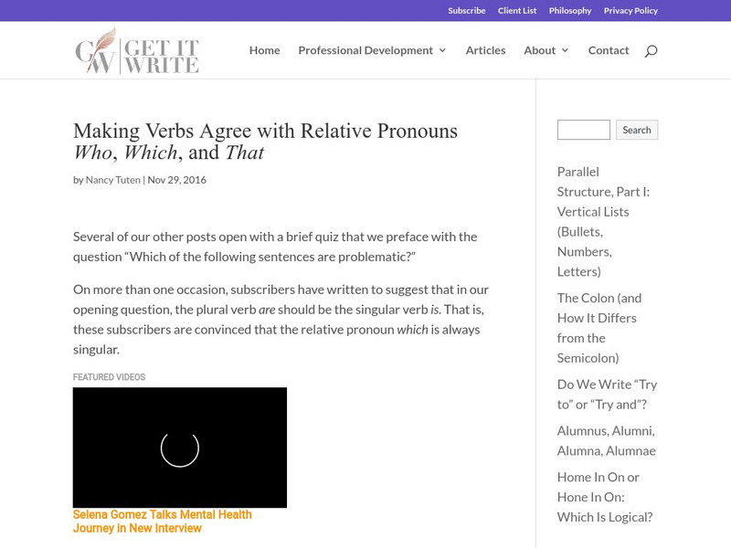 Get It Write: Making Verbs Agree With Relative Pronouns Activity Get It Write: Making Verbs Agree With Relative Pronouns Activity