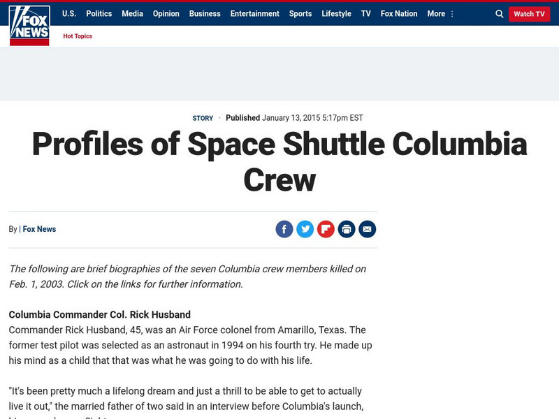 Fox News: Profiles of Space Shuttle Columbia Crew Article Fox News: Profiles of Space Shuttle Columbia Crew Article