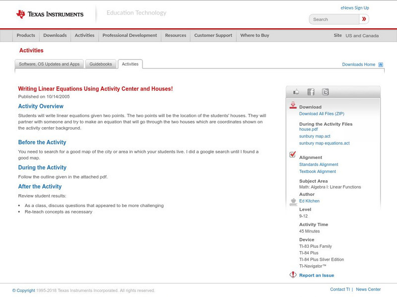 Texas Instruments: Writing Linear Equations Using Activity Center and Houses! Activity Texas Instruments: Writing Linear Equations Using Activity Center and Houses! Activity