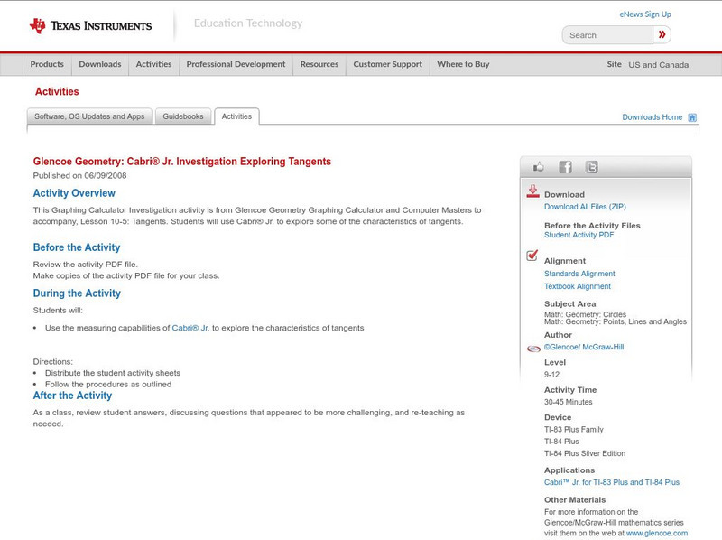 Texas Instruments: Glencoe Geometry: Cabri Jr.: Exploring Tangents Lesson Plan