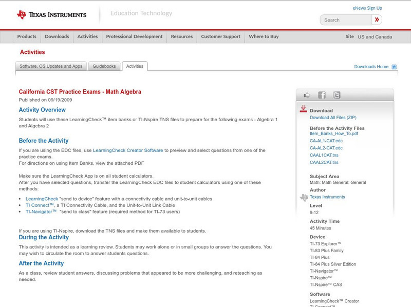 Texas Instruments: California Cst Practice Exams Math Algebra Activity