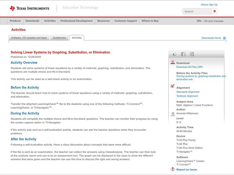 Texas Instruments: Solve Linear Systems by Graphing, Substitution, Elimination Lesson Plan