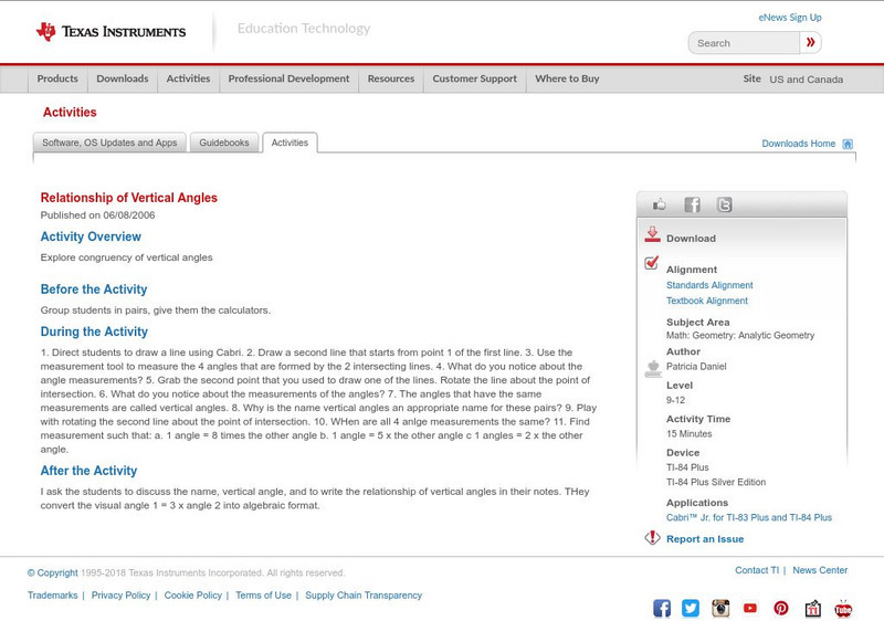 Texas Instruments: Relationship of Vertical Angles Activity Texas Instruments: Relationship of Vertical Angles Activity