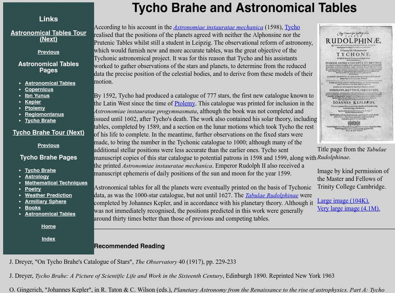University of Cambridge: Tycho Brahe and Astronomical Tables Website University of Cambridge: Tycho Brahe and Astronomical Tables Website