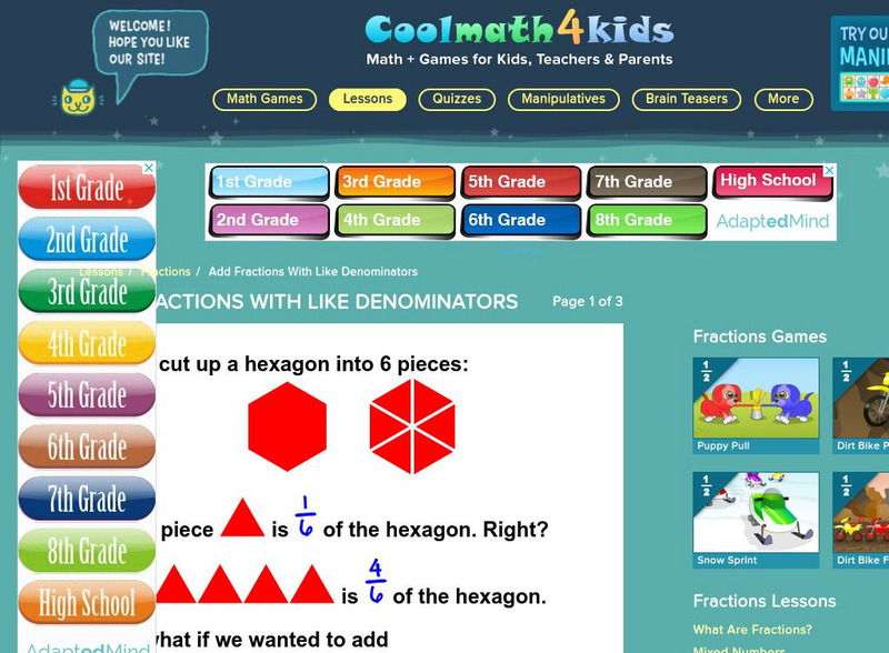 Coolmath: Coolmath4kids: Add Fractions With Like Denominators Handout Coolmath: Coolmath4kids: Add Fractions With Like Denominators Handout
