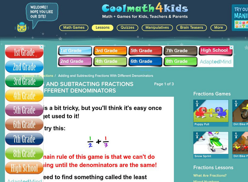 Coolmath: Coolmath4kids: Adding and Subtracting Fractions With Different Denominators Handout