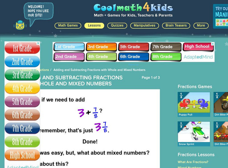Coolmath: Coolmath4kids: Adding and Subtracting Fractions With Whole and Mixed Numbers Handout Coolmath: Coolmath4kids: Adding and Subtracting Fractions With Whole and Mixed Numbers Handout