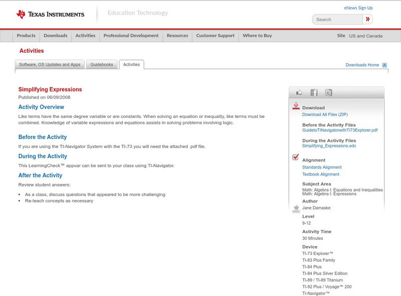 Texas Instruments: Simplifying Expressions Activity Texas Instruments: Simplifying Expressions Activity