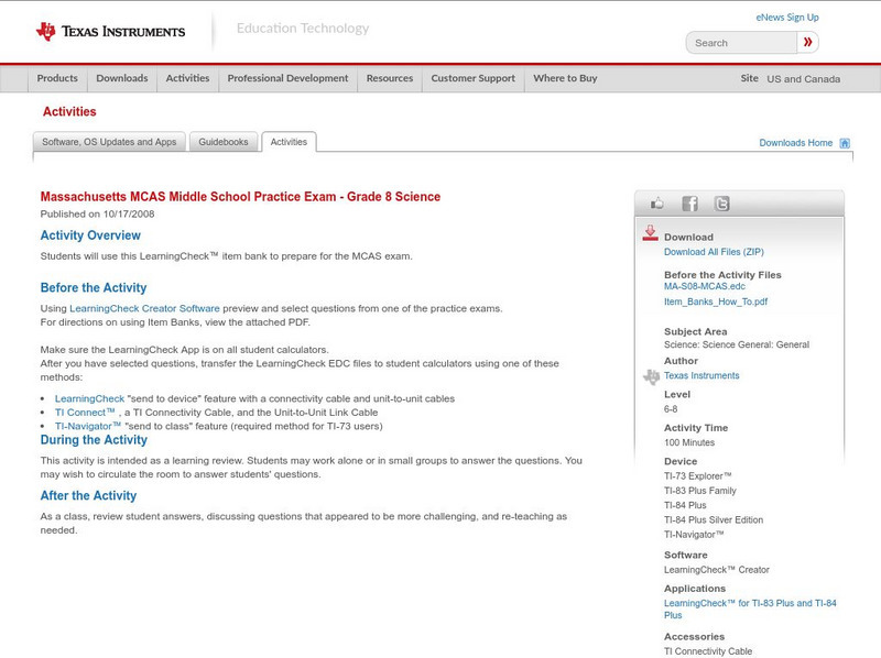 Texas Instruments: Massachusetts Mcas Middle School Practice Exam Grade 8 Sci Activity