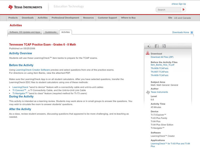 Texas Instruments: Tennessee Tcap Practice Exam Grades 6 8 Math Activity