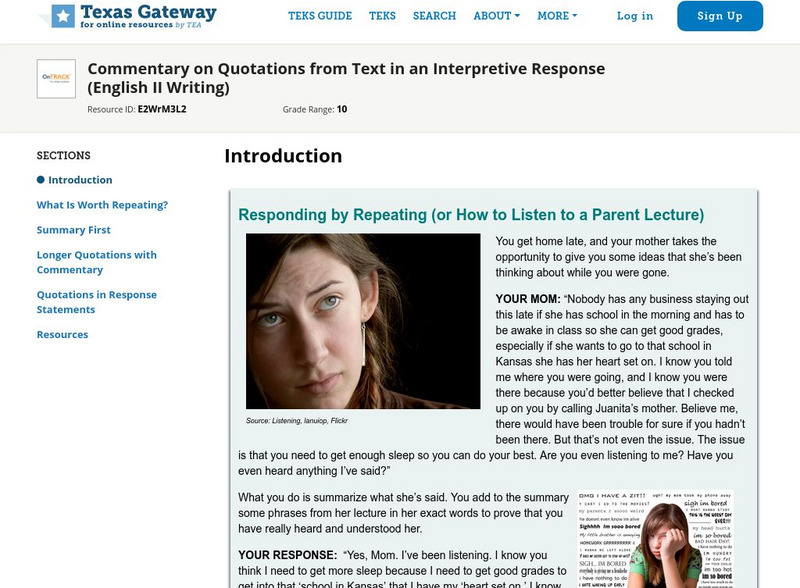 Texas Gateway: Commentary on Quotations From Text in an Interpretive Response Unit Plan Texas Gateway: Commentary on Quotations From Text in an Interpretive Response Unit Plan