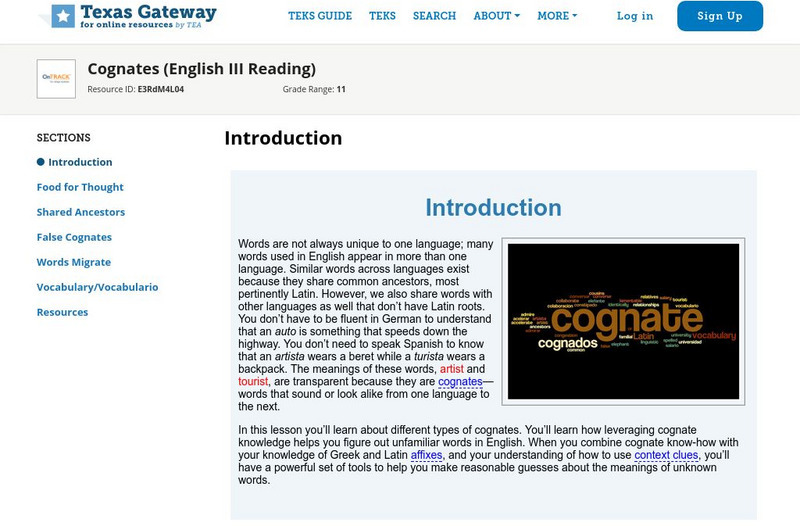 Texas Gateway: Cognates (English Iii Reading) Unit Plan Texas Gateway: Cognates (English Iii Reading) Unit Plan