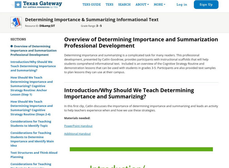 Texas Gateway: Determining Importance & Summarizing Informational Text Professional Doc Texas Gateway: Determining Importance & Summarizing Informational Text Professional Doc