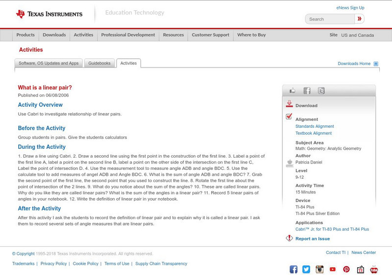 Texas Instruments: What Is a Linear Pair? Activity Texas Instruments: What Is a Linear Pair? Activity