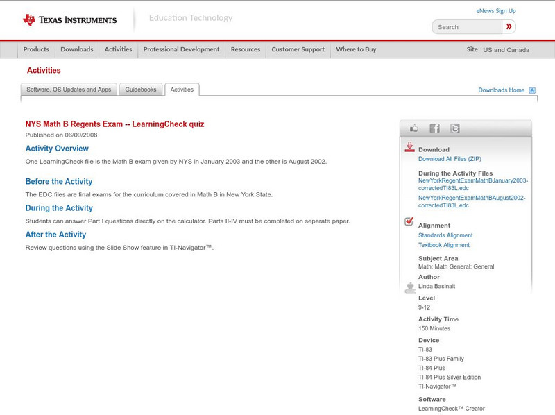 Texas Instruments: Nys Math B Regents Exam, August 2002 Activity