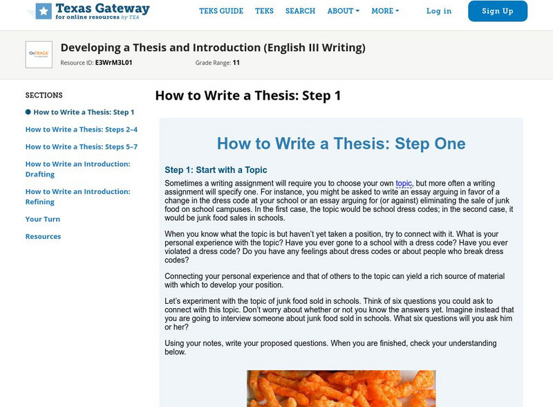 Texas Gateway: Developing a Thesis and Introduction (English Iii Writing) Unit Plan Texas Gateway: Developing a Thesis and Introduction (English Iii Writing) Unit Plan