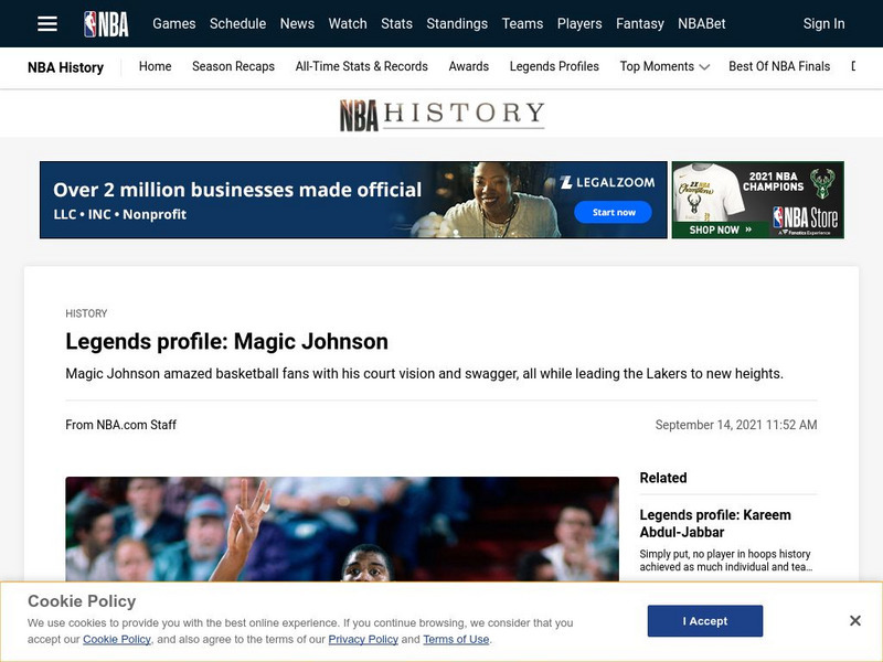 Nba: :Legends Profile: Earvin "Magic" Johnson Handout Nba: :Legends Profile: Earvin "Magic" Johnson Handout