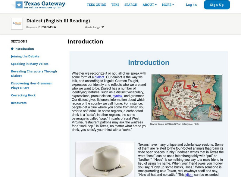 Texas Gateway: Dialect (English Iii Reading) Unit Plan Texas Gateway: Dialect (English Iii Reading) Unit Plan