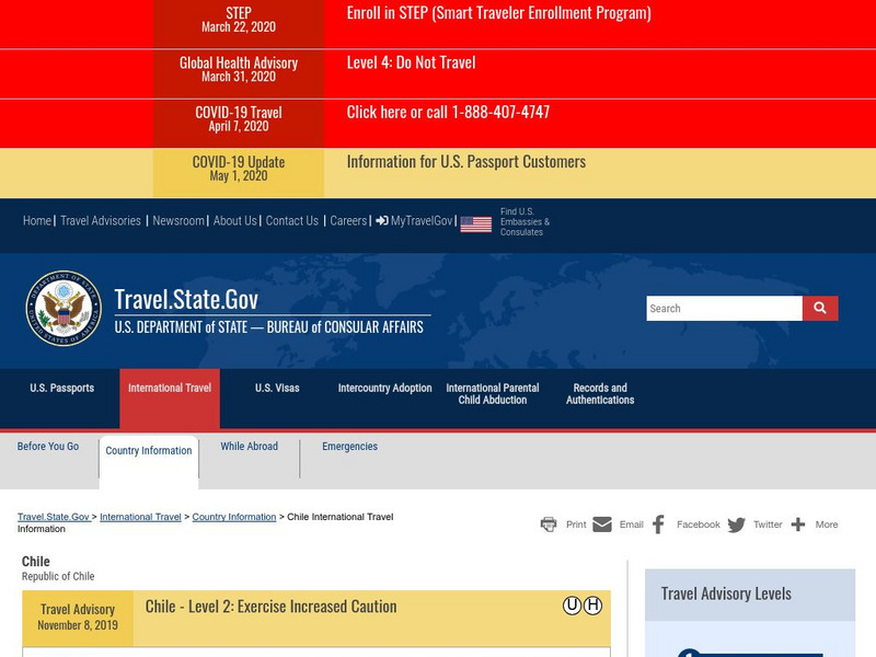 U.s. Dept. Of State: Consular Information Sheet: Chile Activity U.s. Dept. Of State: Consular Information Sheet: Chile Activity