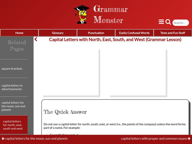 Grammar Monster: Capital Letters With North, East, South, and West Handout Grammar Monster: Capital Letters With North, East, South, and West Handout
