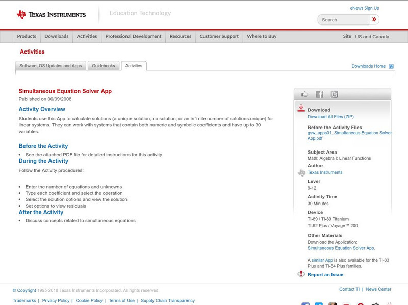 Texas Instruments: Simultaneous Equation Solver App Activity Texas Instruments: Simultaneous Equation Solver App Activity
