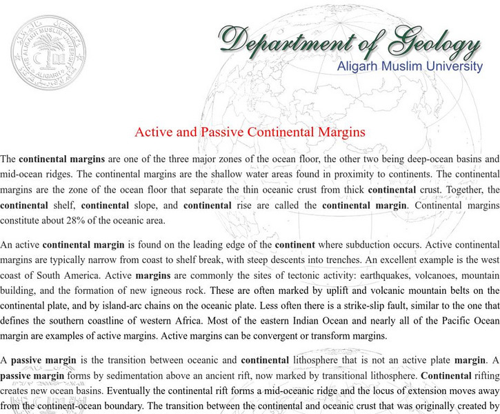 Aligarh Muslim University (India): Active and Passive Continental Margins Handout Aligarh Muslim University (India): Active and Passive Continental Margins Handout
