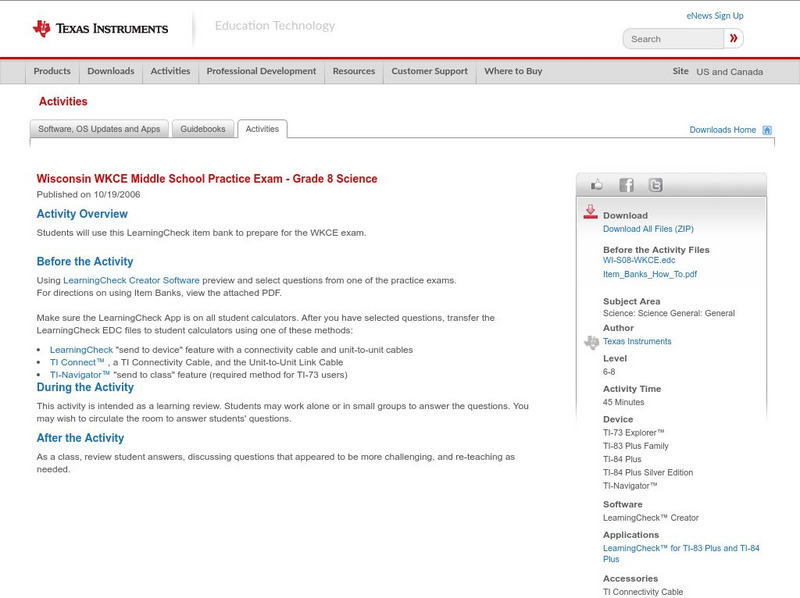 Texas Instruments: Wisconsin Wkce Middle School Practice Exam Grade 8 Science Activity