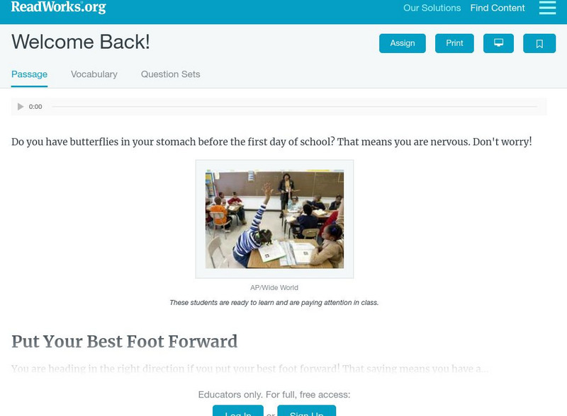 Read Works: Welcome Back! Activity Read Works: Welcome Back! Activity