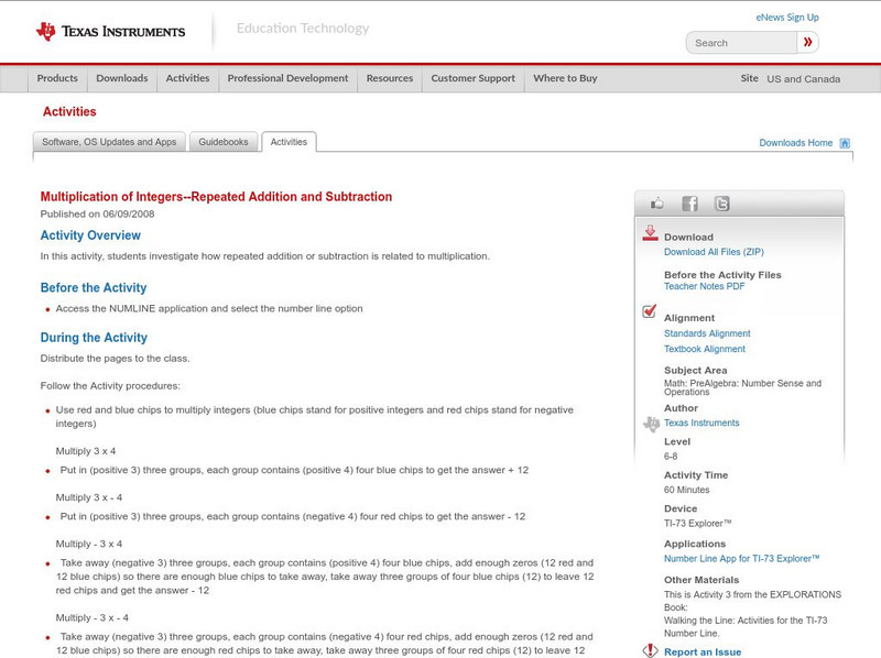 Texas Instruments: Multiplication of Integers Repeated Addition and Subtraction Activity