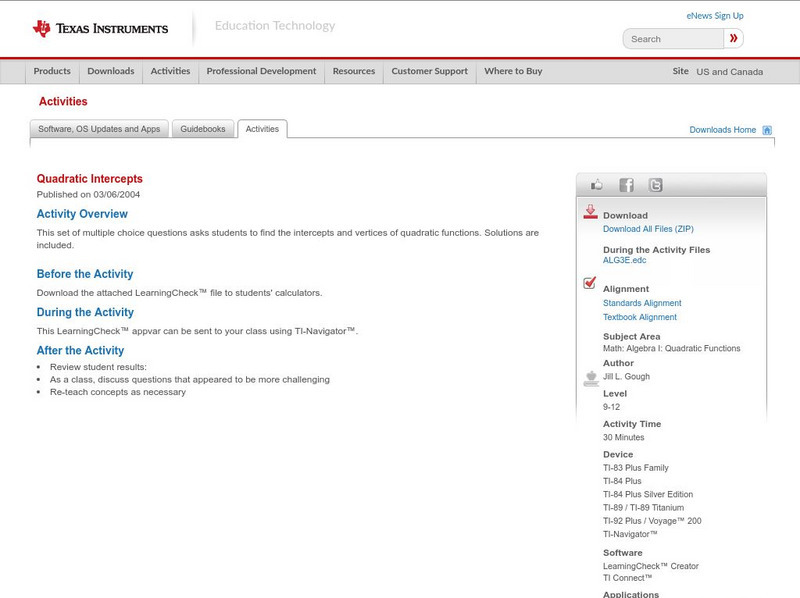 Texas Instruments: Quadratic Intercepts Activity Texas Instruments: Quadratic Intercepts Activity