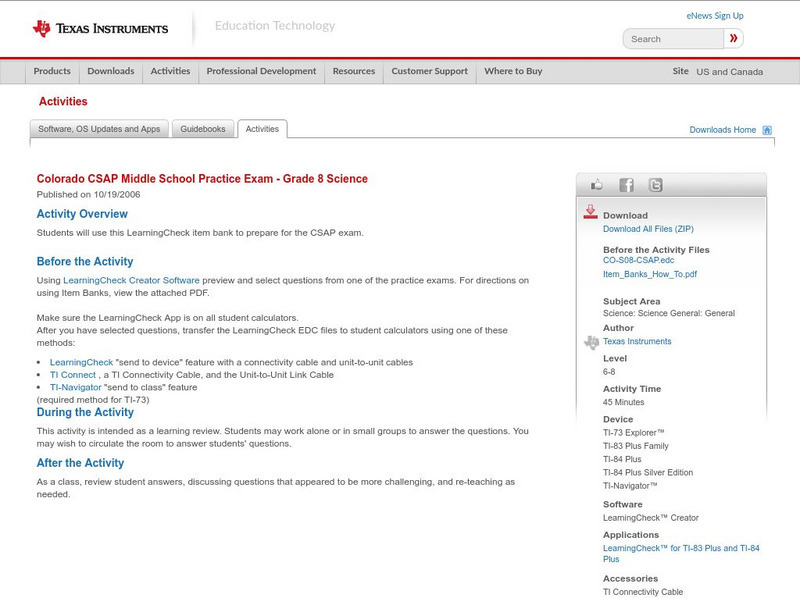 Texas Instruments: Colorado Csap Middle School Practice Exam Grade 8 Science Activity