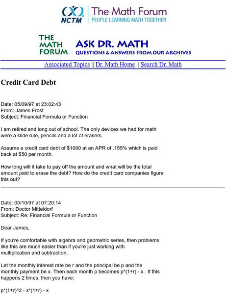 The Math Forum: Credit Card Debt Unit Plan The Math Forum: Credit Card Debt Unit Plan