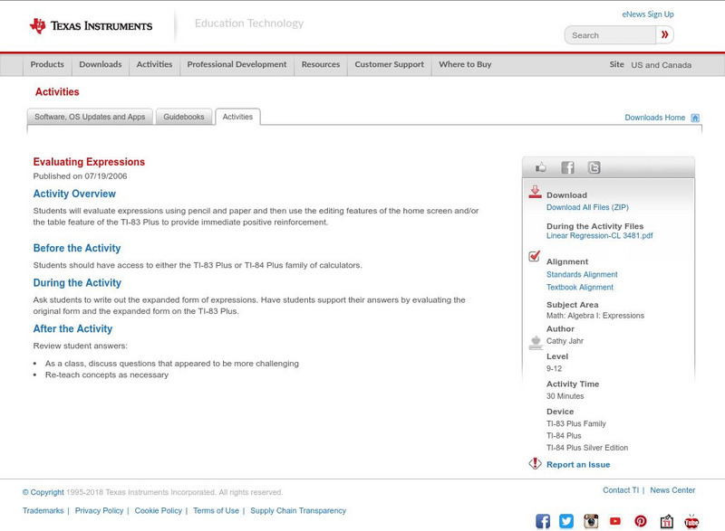Texas Instruments: Evaluating Expressions Activity Texas Instruments: Evaluating Expressions Activity