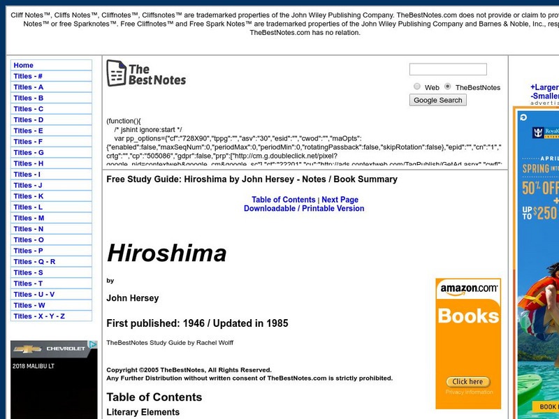 The Best Notes: Hiroshima by John Hersey Unit Plan The Best Notes: Hiroshima by John Hersey Unit Plan