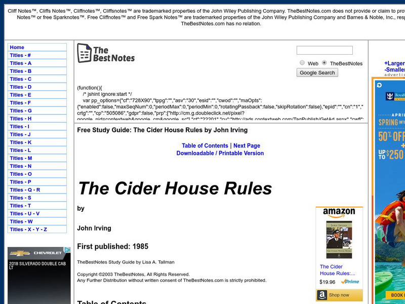 The Best Notes: The Cider House Rules by John Irving Unit Plan