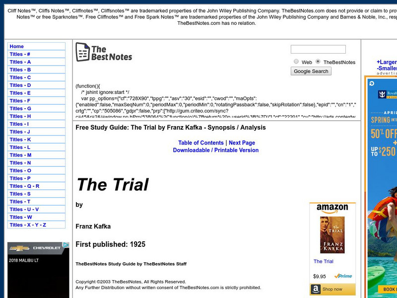 The Best Notes: The Trial by Franz Kafka Unit Plan
