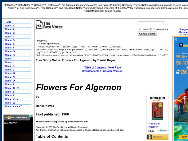 The Best Notes: Flowers for Algernon by Daniel Keyes Unit Plan The Best Notes: Flowers for Algernon by Daniel Keyes Unit Plan