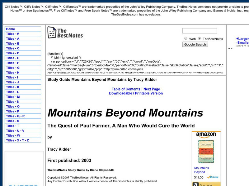 The Best Notes: Mountains Beyond Mountains by Tracy Kidder Unit Plan